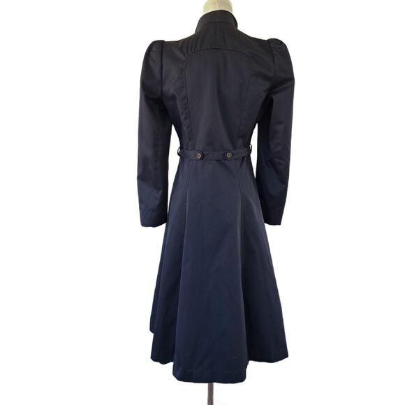 VINTAGE Princess Fit & Flare Midi Long Trench Coat Navy Puff Sleeve *fits small - Picture 4 of 13